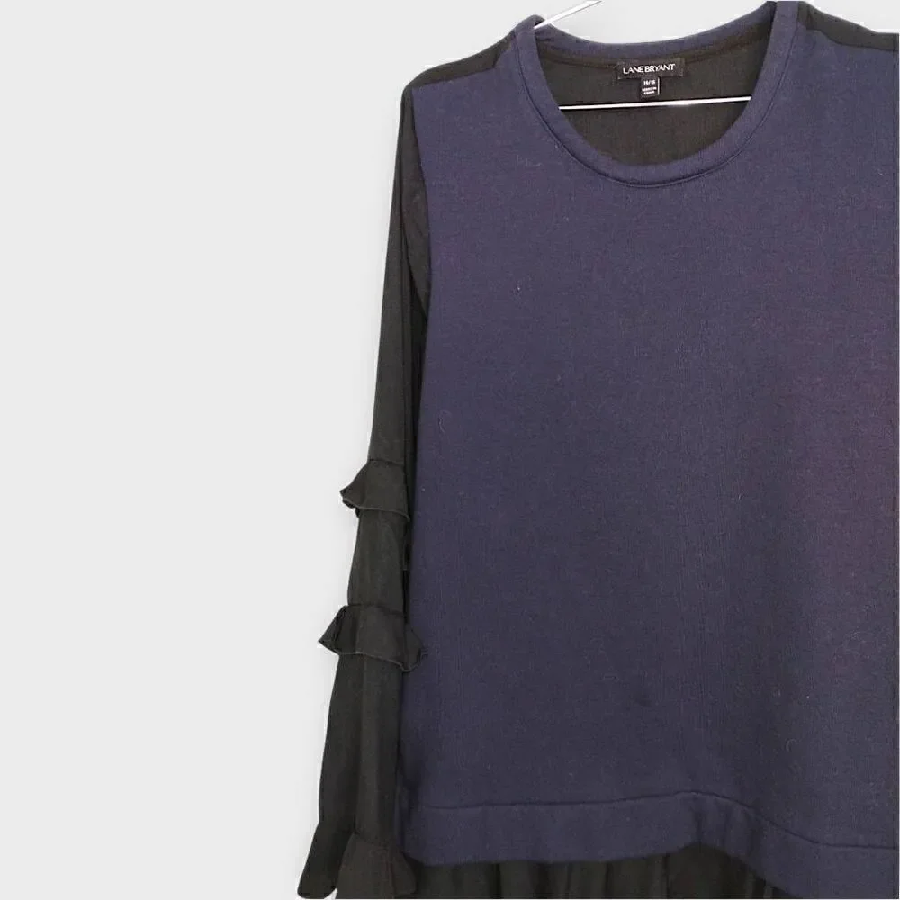 Lane Bryant Womens Top Sz 14-16 Long Ruffle Sleeves Navy Black Pullover Bohemian